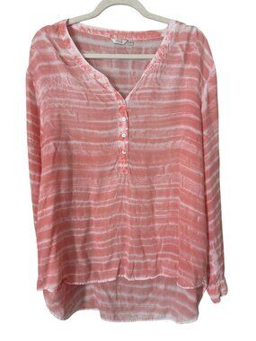 Casual Studio Shirt Size Large Henley Long Sleeve High Low Tie Dye Pink White